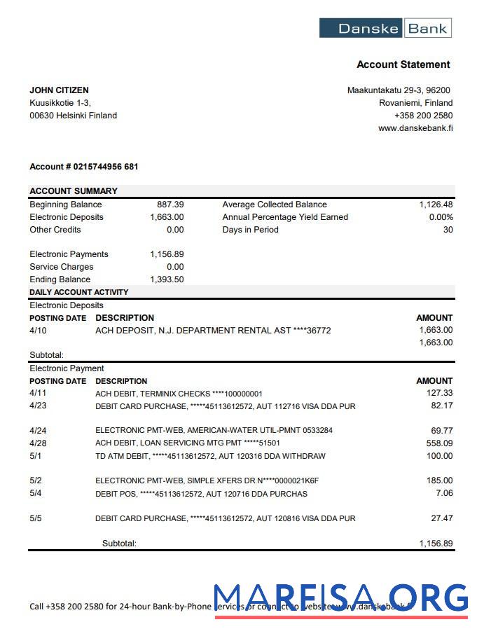 Downloadable Finland Danske bank statement excel template